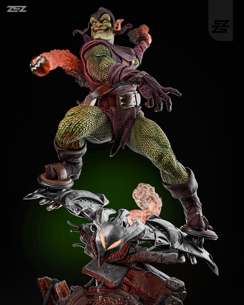 May include: Green Goblin action figure with a green and purple costume, holding a pumpkin bomb. The figure is standing on a black and gray glider with a red and orange glow effect.