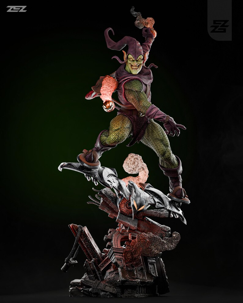 May include: Green Goblin action figure with a green and purple costume, holding a pumpkin bomb. The figure is posed in mid-air, flying on a glider. The figure is standing on a base with a destroyed building.