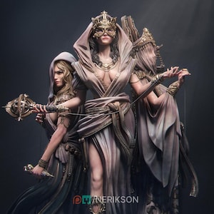 May include: Digital artwork featuring three figures in flowing robes with gold detailing. The central figure wears a crown and mask, the others hold a staff and thread. The figures are draped in light-coloured fabric against a dark backdrop.