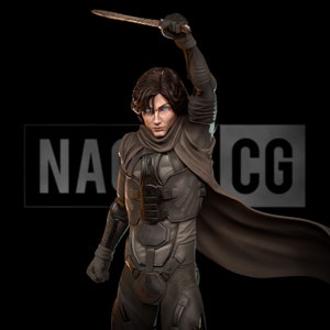 May include: A digital artwork depicting a character from Dune, raising a blade. The figure wears a dark, textured suit and a cape. The character has blue eyes and dark hair, set against a black backdrop. The image has the text "NACG".
