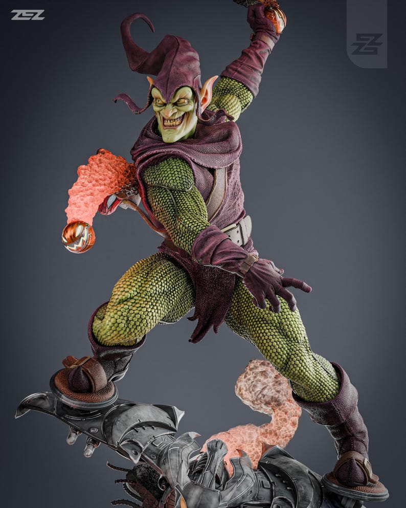 May include: A green and purple action figure of the Green Goblin from the Spider-Man comics. The figure is posed in a dynamic action pose, with one leg raised and the other foot on a glider. The figure has a green, scaly skin, a purple and green costume, and a pointed green hat. The figure is holding a pumpkin bomb in one hand.