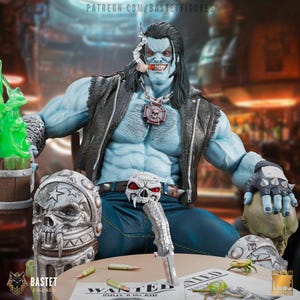 May include: A detailed figurine of a muscular, blue-skinned character with long black hair, wearing a black vest and blue jeans. The figure has a skull belt buckle and a cross pendant. A cigar is in the character's mouth. The figure is seated at a table with a "Wanted" poster.