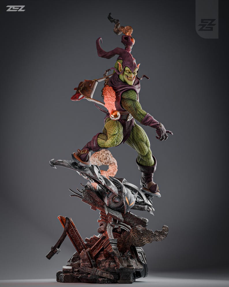May include: Green Goblin action figure with a purple and green costume, holding a glider and standing on a destroyed building base. The figure has a menacing expression and is ready for battle.