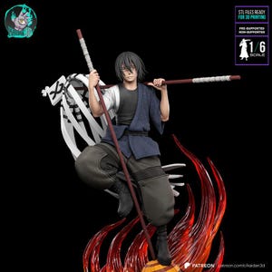 May include: A 3D printed model of a character from the anime series "Jujutsu Kaisen". The character is standing on a fiery base and holding a staff. The model is 1/6 scale and is ready for 3D printing.