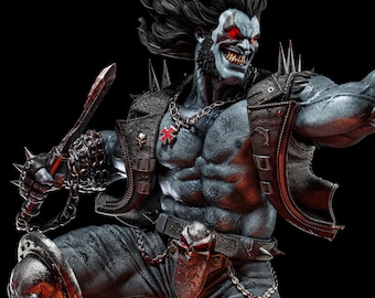 May include: A blue and grey action figure of a superhero with a red cross on his chest, wearing a black leather jacket, blue jeans, and holding a chain with a spiked weapon. The figure has a menacing expression with red eyes and a sharp jawline.