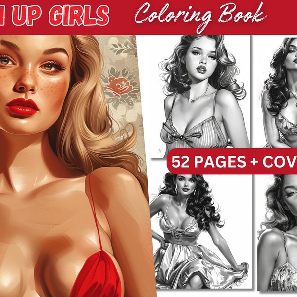 Pin Up Girls Coloring Book, Vintage Beautiful Ladies Coloring, Digital Coloring Pages for kids & Adults, Instant Download, Printable PDF