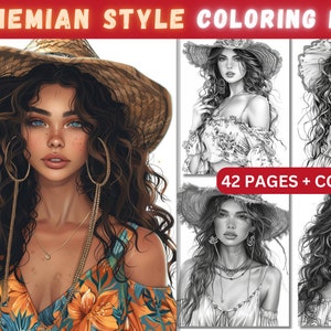 Bohemian Girls Coloring Pages, Adults And Kids Coloring Book, Digital Coloring Sheets, Instant Download, Printable PDF File.