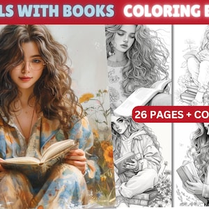 Beautiful Girls with Books,  Beauty Portraits Coloring Book, Women Coloring Book| Printable Adult Coloring Pages | Grayscale | Printable PDF