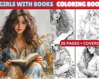 Girls with Books Kleurboek, schoonheidsportretten (afdrukbare pdf)