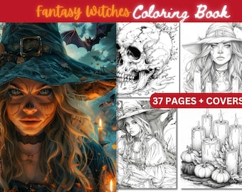 Kleurboek Fantasy Witches, illustraties in grijstinten (pdf-patroon)