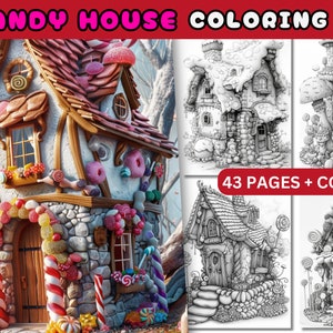 43 Gingerbread House Coloring Page Book, Printable PDF Sheets, Gingerbread Houses Candy, Grayscale Coloring, Christmas Candy
