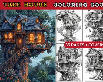 Kleurboek boomhut grijswaarden, fantasieontwerpen (afdrukbare pdf)