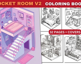 Isometrische kleurboek pocketkamer: kawaii-interieurpagina's (pdf-download)