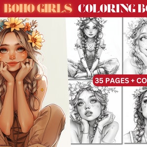 Bohemian Woman Coloring Pages - Adults And Kids Coloring Book, Digital Coloring Sheets, Boho Girls