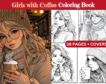 Girls with Coffee kleurboek, anime-stijl (pdf-patroon)