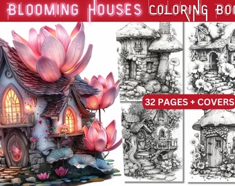 Enchanted Blooming Houses Coloring Book - Greyscale Illustrations (PDF Download)