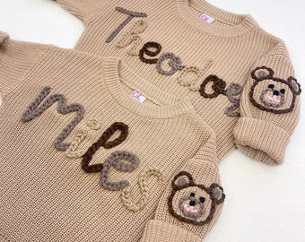 Personalisierter Strickpullover für Babys und Kleinkinder, Handbestickt mit Teddy Kopf, Babynamen Pullover, Kinder Pullover mit Namen