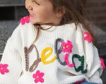 Personalisierte Pullover für Babys und Kleinkinder Handbestickt, mit Blumen Muster, Babynamen Pullover, Kinder Pullover, Strickpullover