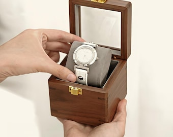 Walnut Wood Single Watch Box with Glass Lid, Luxury Watch Display Case, Handmade Wooden Watch Organizer, Gift for Men Husband Anniversary