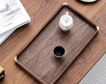 Walnut Wood Serving Tray with Brass Corners, Rustic Coffee Table Tray, Wooden Tea Serving Tray for Ottoman, Kitchen Counter,Coffee Bar Decor