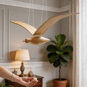 Wooden Flying Bird Mobile, Handcrafted Wood Bird Decor, Minimalist Hanging Bird Sculpture, Kinetic Ceiling Art, Nursery Decor Gift