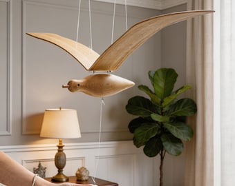 Wooden Flying Bird Mobile, Handcrafted Wood Bird Decor, Minimalist Hanging Bird Sculpture, Kinetic Ceiling Art, Nursery Decor Gift
