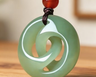Green Jade Circle Pendant Necklace, Hand Carved Natural Jade Amulet, Harmony Symbol Healing Stone Jewelry, Gift for Men and Women