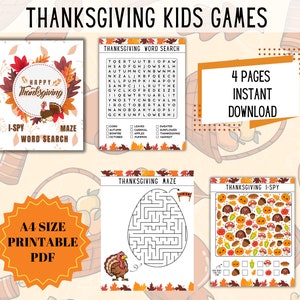 Printable ThanksGiving Kids Games, I-Spy, Maze & Word Search