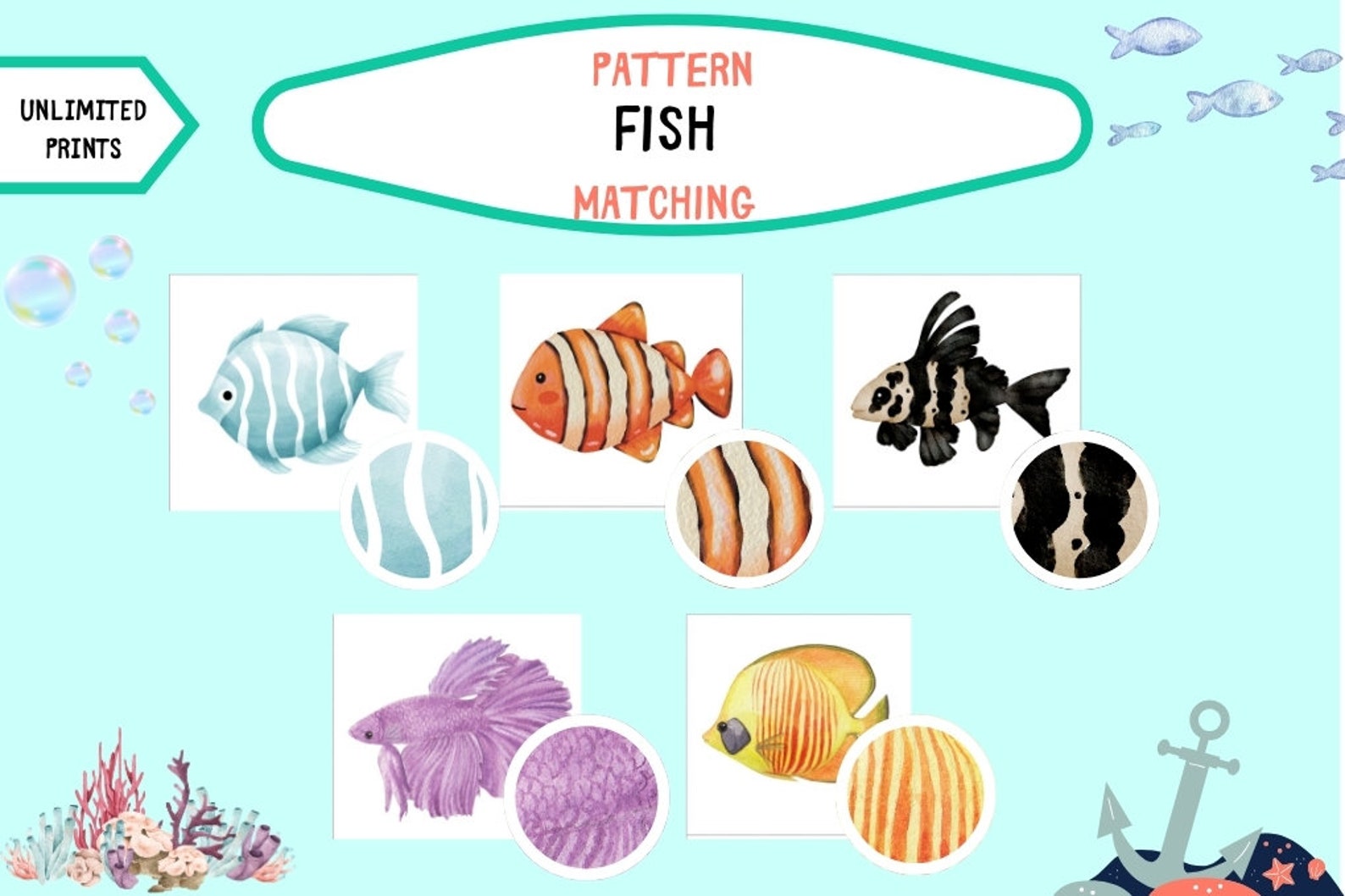 Sorting Patterned Fish Pattern Matching Activity, Fish Matching Cards, Fine Motor, Montessori ...