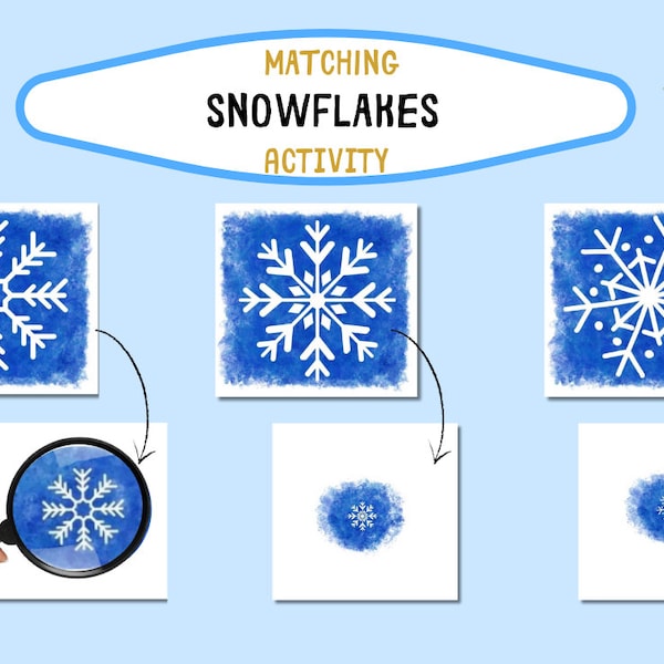 Matching Snowflakes, Snowflake Unit Study With a Magnifying Glass, Christmas Activities, Printable Preschool Montessori Activities, Wardolf