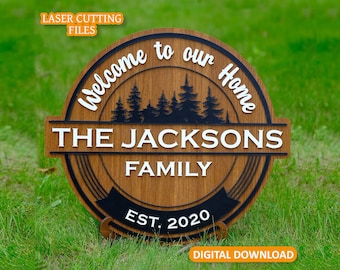 Welcome Home Familiedeurbord, ronde deurhanger, hout lasergesneden, deurhanger ontwerp, ronde doe-het-zelf lasergesneden, bord veranda, digitaal welkom