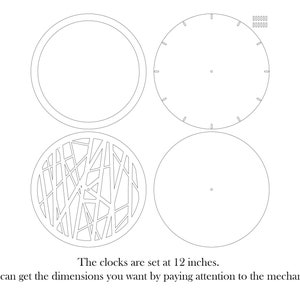 Op de afbeelding: Vier klokgezichtsjablonen, elk met een diameter van 30,48 cm. E&eacute;n sjabloon is leeg, &eacute;&eacute;n heeft een eenvoudig klokgezicht met markeringen, &eacute;&eacute;n heeft een decoratief patroon en &eacute;&eacute;n heeft een complexer patroon.