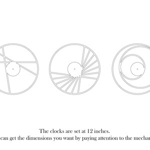May include: Three black and white line drawings of clock faces, each with a different design. The clocks are 12 inches in diameter.