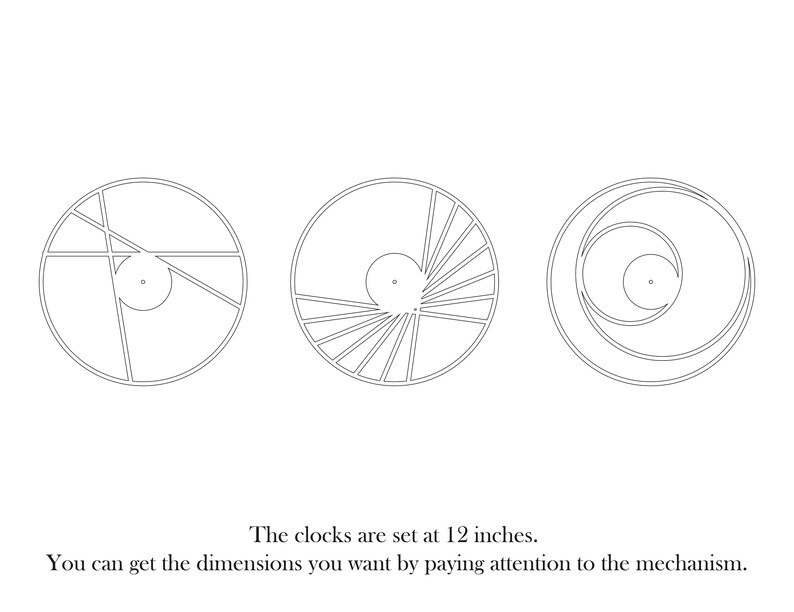May include: Three black and white line drawings of clock faces, each with a different design. The clocks are 12 inches in diameter.