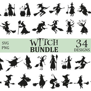 May include: A set of 34 black and white silhouette designs of witches. The witches are in various poses, some flying on broomsticks, some holding cauldrons, and some holding wands. The text "WITCH BUNDLE 34 DESIGNS" is at the bottom of the image.