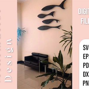 以下が含まれることがあります： 5つの黒い魚のシルエットがずらりと並んだ、ミニマルなデザインのデジタルダウンロードです。壁の芸術、家の装飾、またはクラフトプロジェクトを作成するのに最適です。