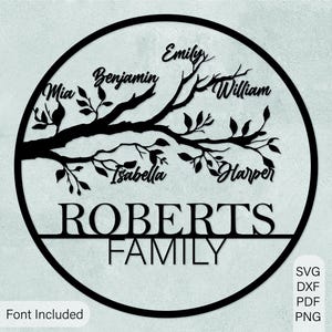 Pode incluir: Um design de árvore genealógica em metal preto com os nomes Mia, Benjamin, Emily, William, Isabella e Harper. O sobrenome "ROBERTS FAMILY" é exibido abaixo da árvore dentro de uma moldura circular. As palavras "Font Included" e abreviações de tipos de arquivo também estão presentes.