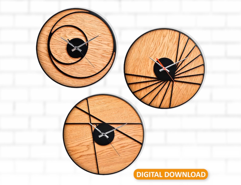 May include: Three different wood clock designs with black metal accents. The clocks have a wood grain background with black metal lines and a black clock face.
