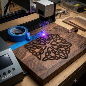 May include: A laser engraving machine with a silver head emits a bright blue beam onto a dark brown wooden cutting board. The board features an intricate Celtic knot design and a leather handle. Blue painter's tape is applied to the wood surface.