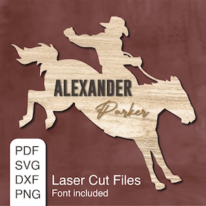 Gepersonaliseerde westelijke muur decor Svg, aangepaste cowboy rijpaard, naambord kinderkamer babyshower jongens, verjaardagscadeau, kinderkamer cadeau pdf, png dxf