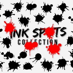 Puede incluir: Una colección de salpicaduras de tinta negras y rojas, con el texto "INK SPOTS COLLECTION" en blanco y negro.