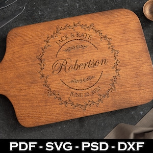 Planche à découper nom de famille SVG | Planche à découper à découper avec couronne SVG | Forgelumineuse | Cricut | Silhouette cadeau de mariage|Planche de charcuterie svg