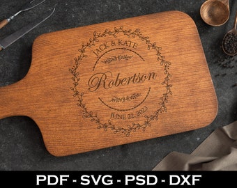 Family Name Cutting Board SVG | Chopping Cutting Board with Wreath SVG | Glowforge | Cricut | Silhouette Wedding Gift|Charcuterie Board svg