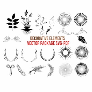May include: A set of 18 black and white decorative elements, including floral designs, swirls, wreaths, and sunbursts. The text "DECORATIVE ELEMENTS VECTOR PACKAGE SVG-PDF" is at the top of the image.