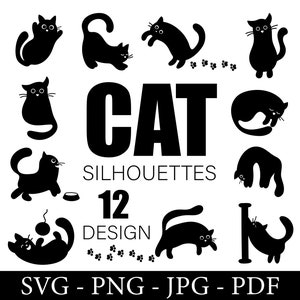 Silueta de gato divertido Cricut 12 Diseño Svg, Amante de los gatos mascotas, Gato Svg, Descarga instantánea, Archivo vectorial de gato, Gato Svg,Png,Pdf, Jpg,Descarga digital
