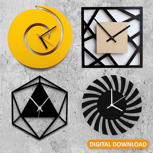 4 Modern Art Wall Clock Laser cut svg, Wooden Wall clock vector template Glowforge unique wall clock svg Laser file Wall clock svg cricut