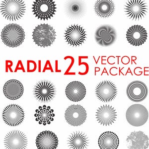 Paquete de 25 vectores radiales, formas negras hipnóticas, símbolos redondos, Swoosh svg, Swashes svg, Swirl svg, Squiggle svg, Flourishes, Abstract Radial