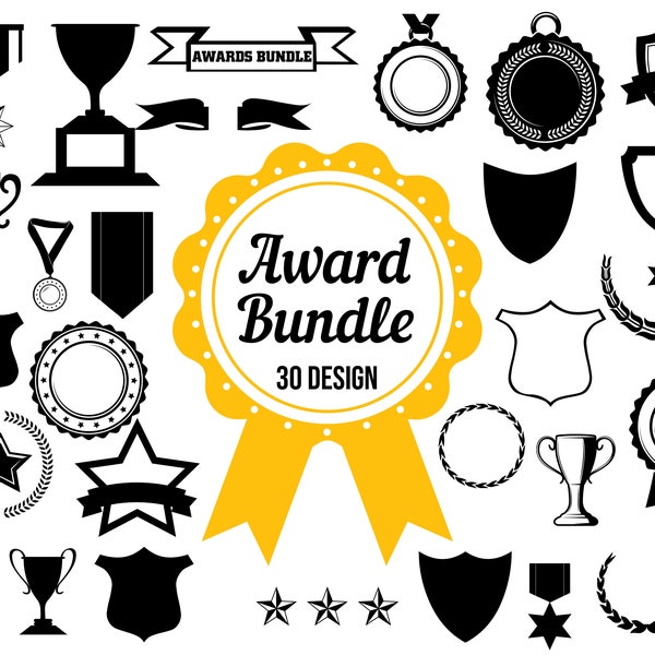 Award Badge Wreath Bundle,Medals, star, flying banner,Trophy clipart vector png stencil cut file for Cameo laser cut silhouette cricut vinyl