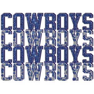 May include: The word "COWBOYS" is displayed multiple times in a stacked arrangement. The letters are in a bold, block style with a glittery blue texture. Some letters have a gray leopard print pattern. The background is white.