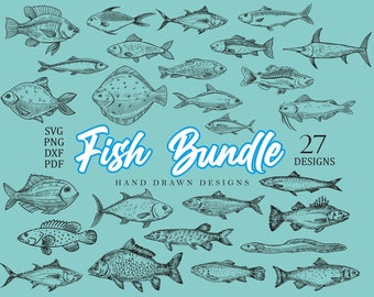 27 Fish Design Bundle, Fish Doodle SVG Bundle, Fish svg pdf png, Fisherman, Hand-drawn Fish svg, Cut Files Cricut, Silhouette